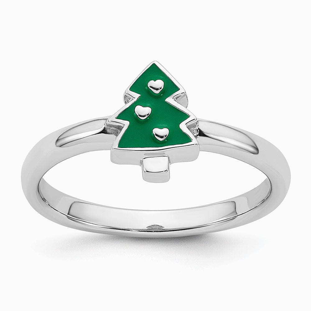 Sterling Silver Rhodium-plated Children's Enamel Christmas Tree Ring - Product Photo