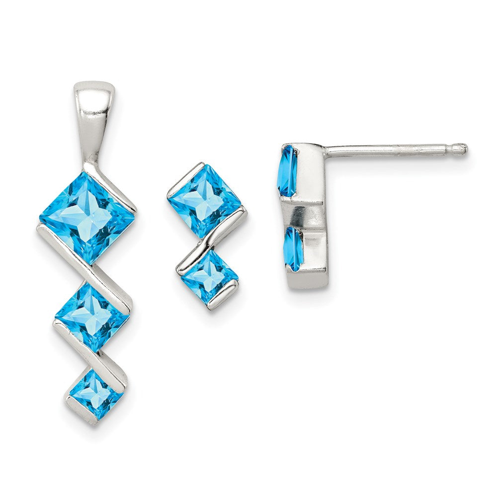 Sterling Silver Polished Blue Topaz Pendant and Post Earrings Set - Product Photo