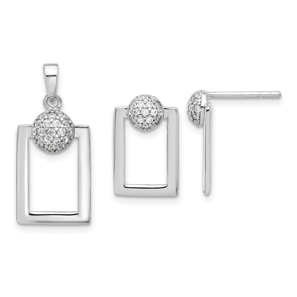 Sterling Silver RH-plated Micro Pave CZ Rectangle Earrings and Pendant Set - Product Photo