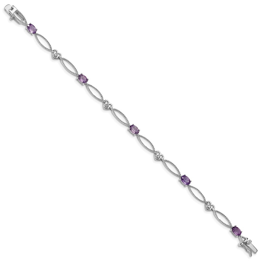 Sterling Silver Rhodium-plated Diamond & Amethyst Oval D/C Bracelet - Product Photo