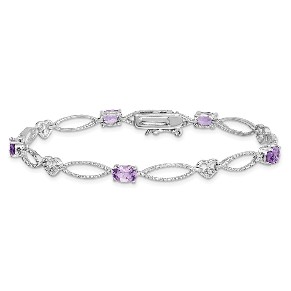 Sterling Silver Rhodium-plated Diamond & Amethyst Oval D/C Bracelet - Product Photo