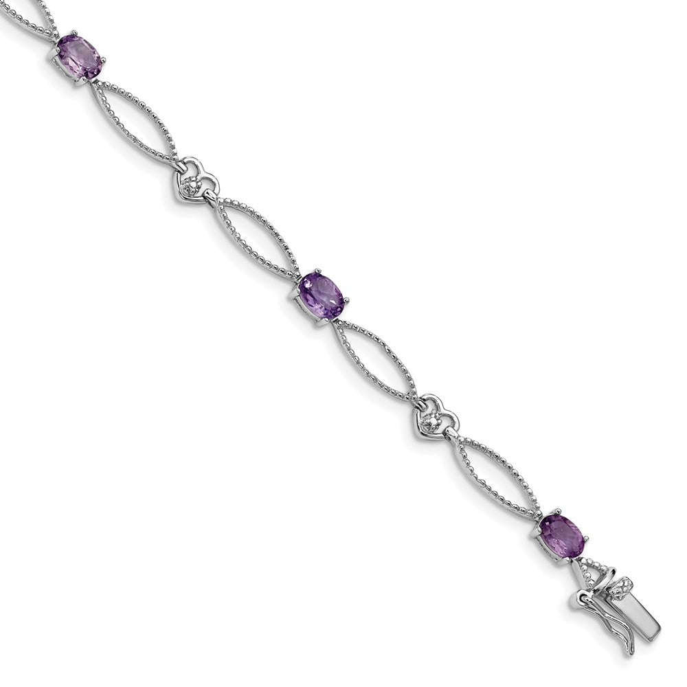 Sterling Silver Rhodium-plated Diamond & Amethyst Oval D/C Bracelet - Product Photo