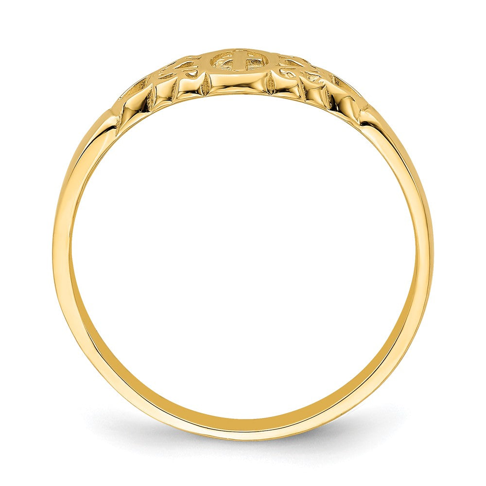 14K Yellow Gold Cross Inside Oval W/Scroll and Heart Ring - Product Photo