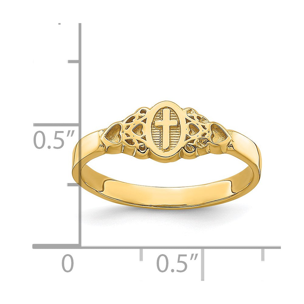 14K Yellow Gold Cross Inside Oval W/Scroll and Heart Ring - Product Photo