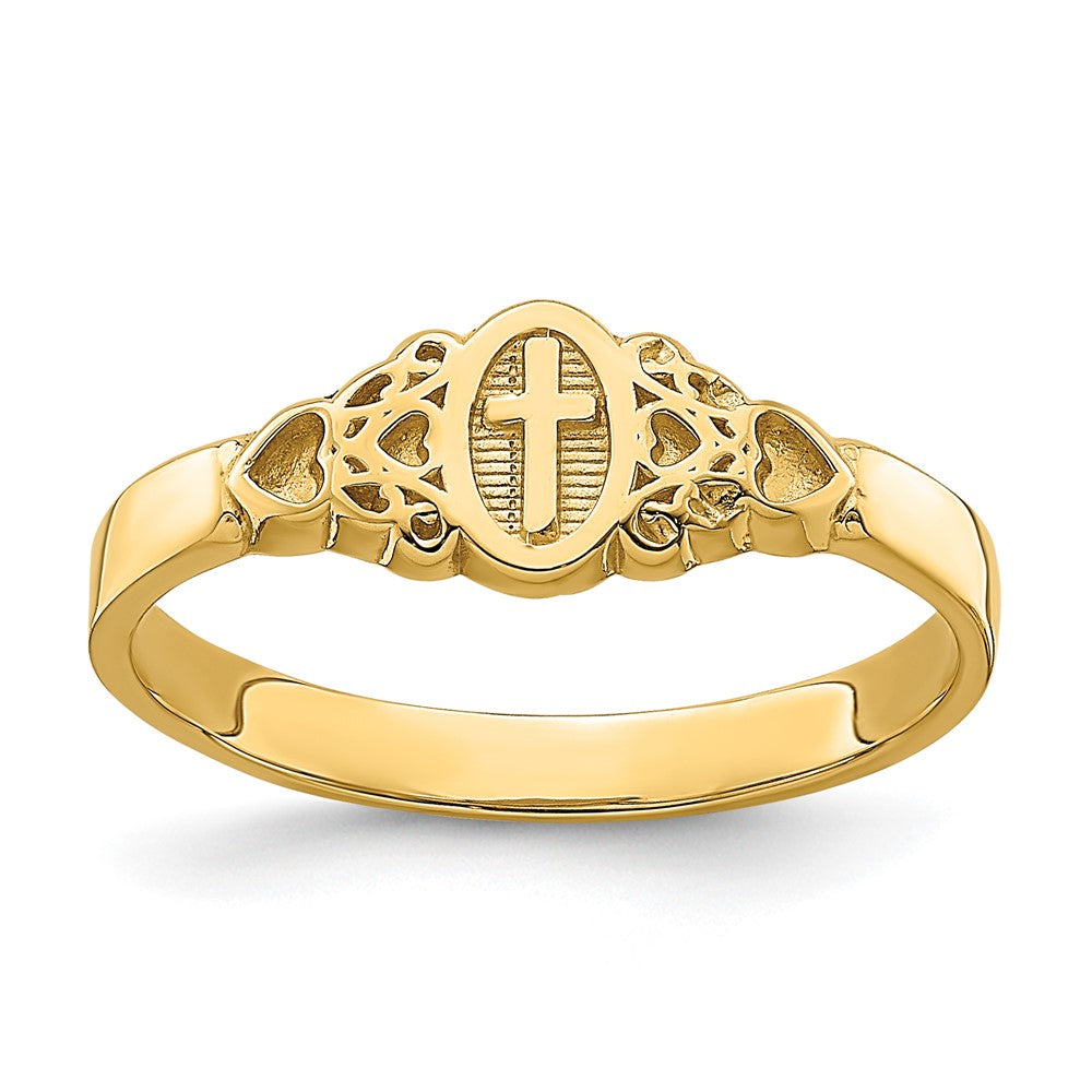 14K Yellow Gold Cross Inside Oval W/Scroll and Heart Ring - Product Photo