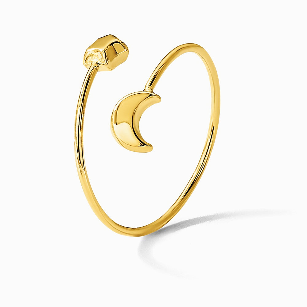 14K Yellow Gold Polished Adjustable Moon and Star Ring - Product Photo