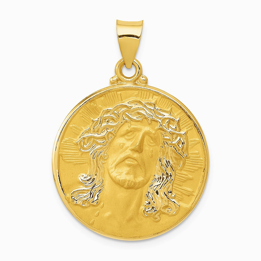 14K Yellow Gold Head of Christ Medal Hollow Round Pendant - Product Photo
