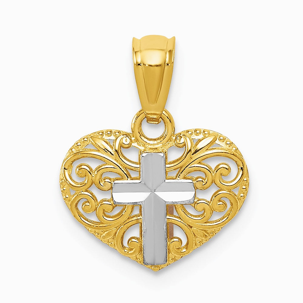 14K Yellow & Rhodium with Rhodium Cross in Heart Pendant - Product Photo