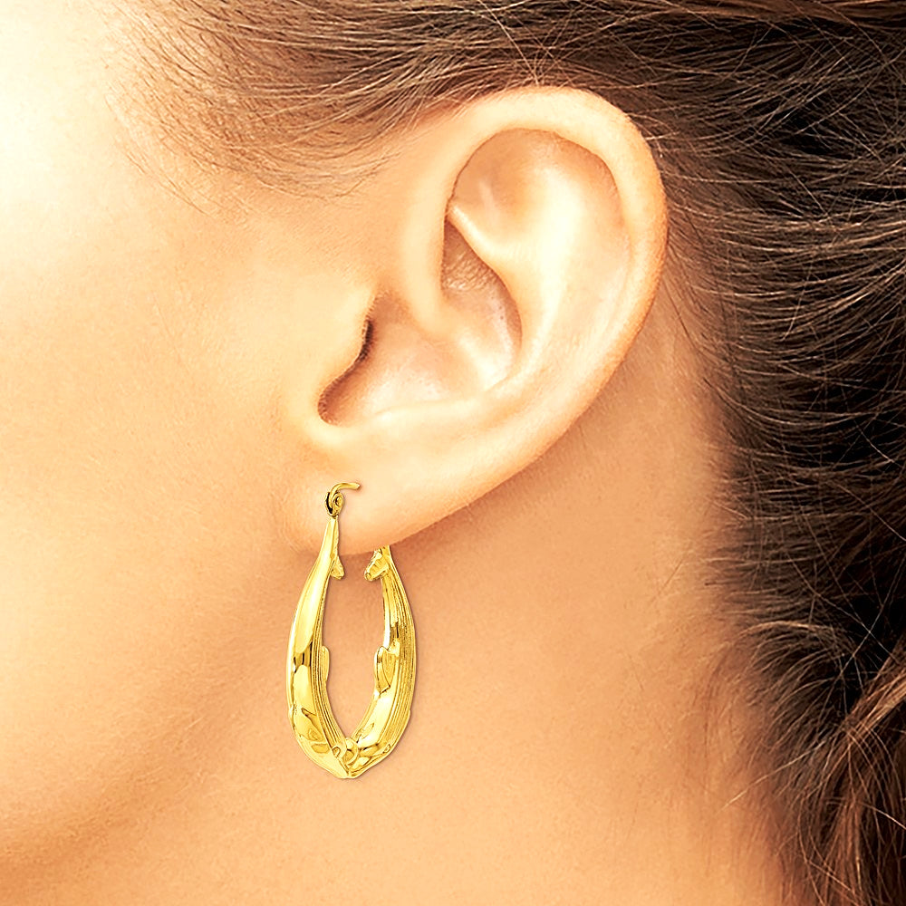14K Yellow Gold Polished Dolphin Hoop Earrings - Product Photo