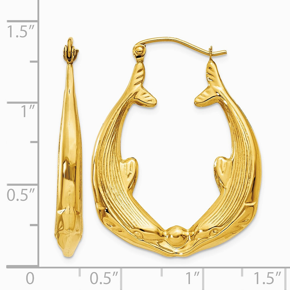 14K Yellow Gold Polished Dolphin Hoop Earrings - Product Photo