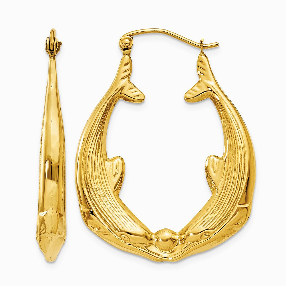 14K Yellow Gold Polished Dolphin Hoop Earrings