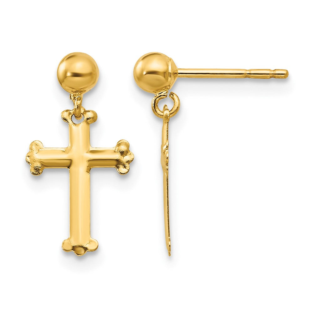 14K Yellow Gold Cross Dangle Post Earrings