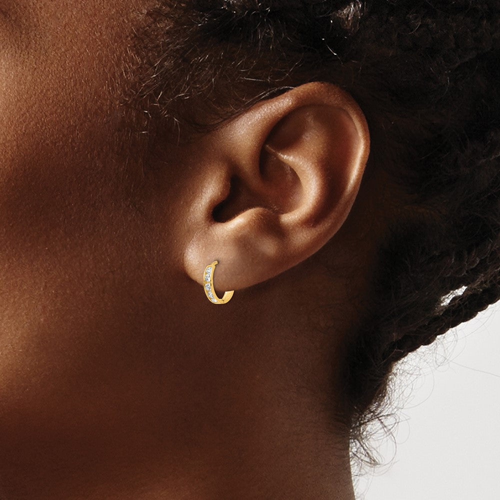 14K Yellow Gold CZ Hinged Hoop Earrings - Product Photo
