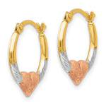 14K Yellow & Rhodium with Rose and White Rhodium Heart Hoop Earrings - Product Photo