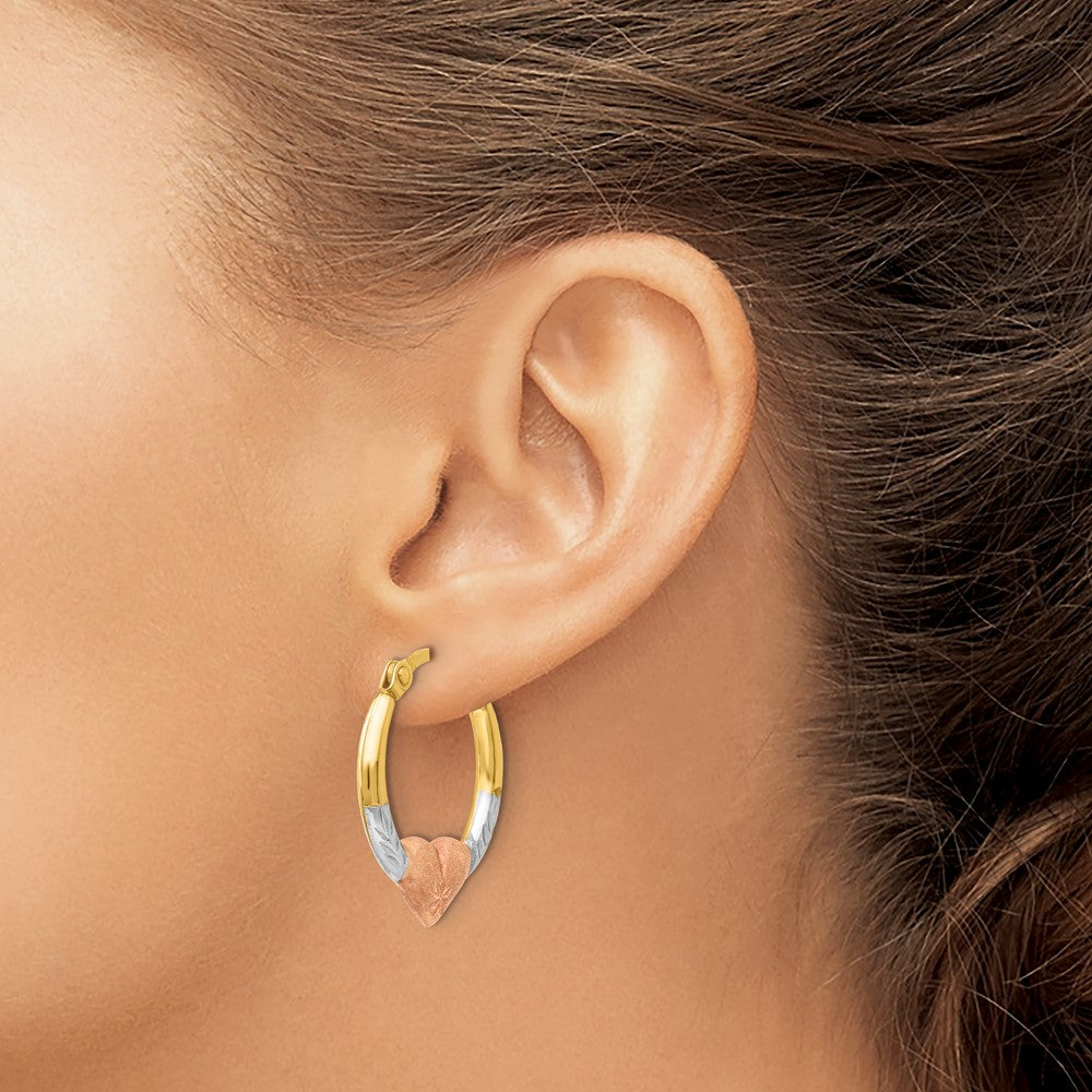 14K Yellow & Rhodium with Rose and White Rhodium Heart Hoop Earrings - Product Photo