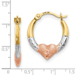 14K Yellow & Rhodium with Rose and White Rhodium Heart Hoop Earrings - Product Photo