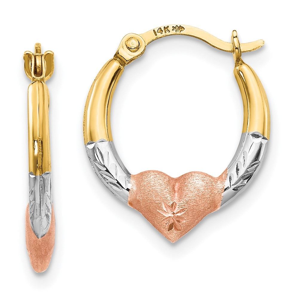 14K Yellow & Rhodium with Rose and White Rhodium Heart Hoop Earrings - Product Photo