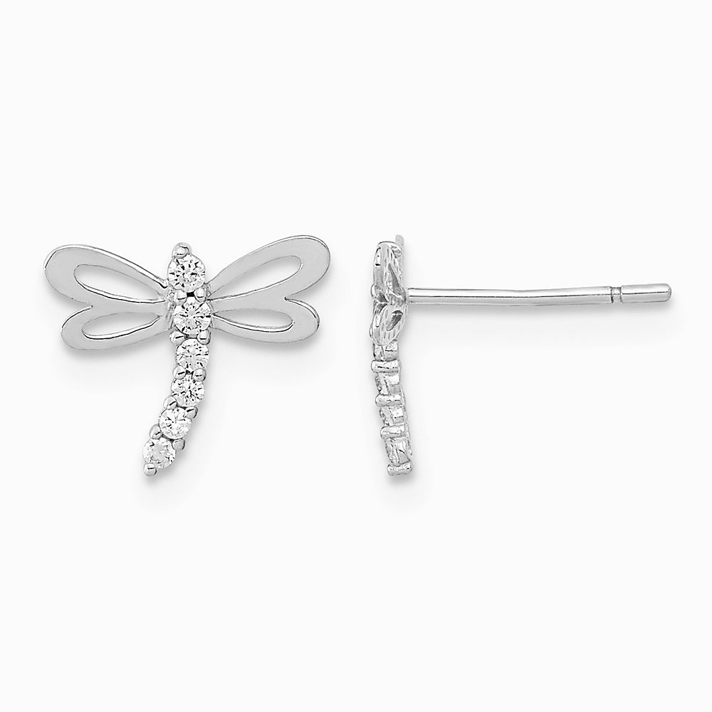14K White Gold Polished CZ Dragonfly Post Earrings