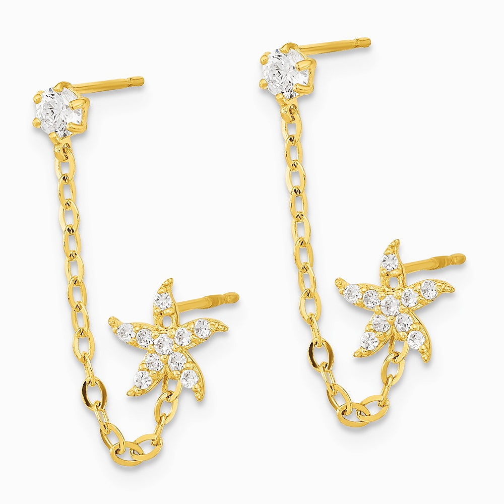 14K Yellow Gold CZ Double Post with Chain Starfish Earring - Product Photo