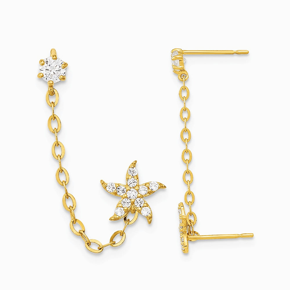14K Yellow Gold CZ Double Post with Chain Starfish Earring - Product Photo