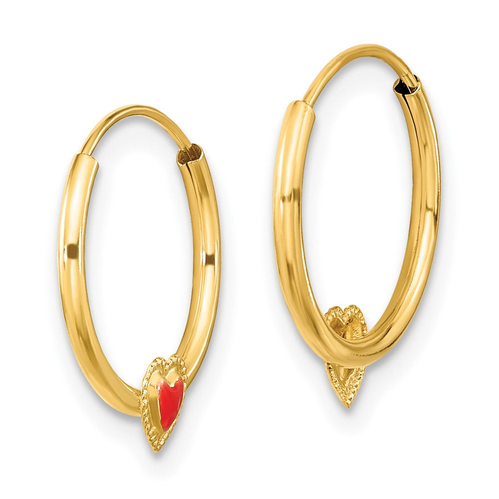 14K Yellow Gold Polished Red Enameled Heart Hoops - Product Photo