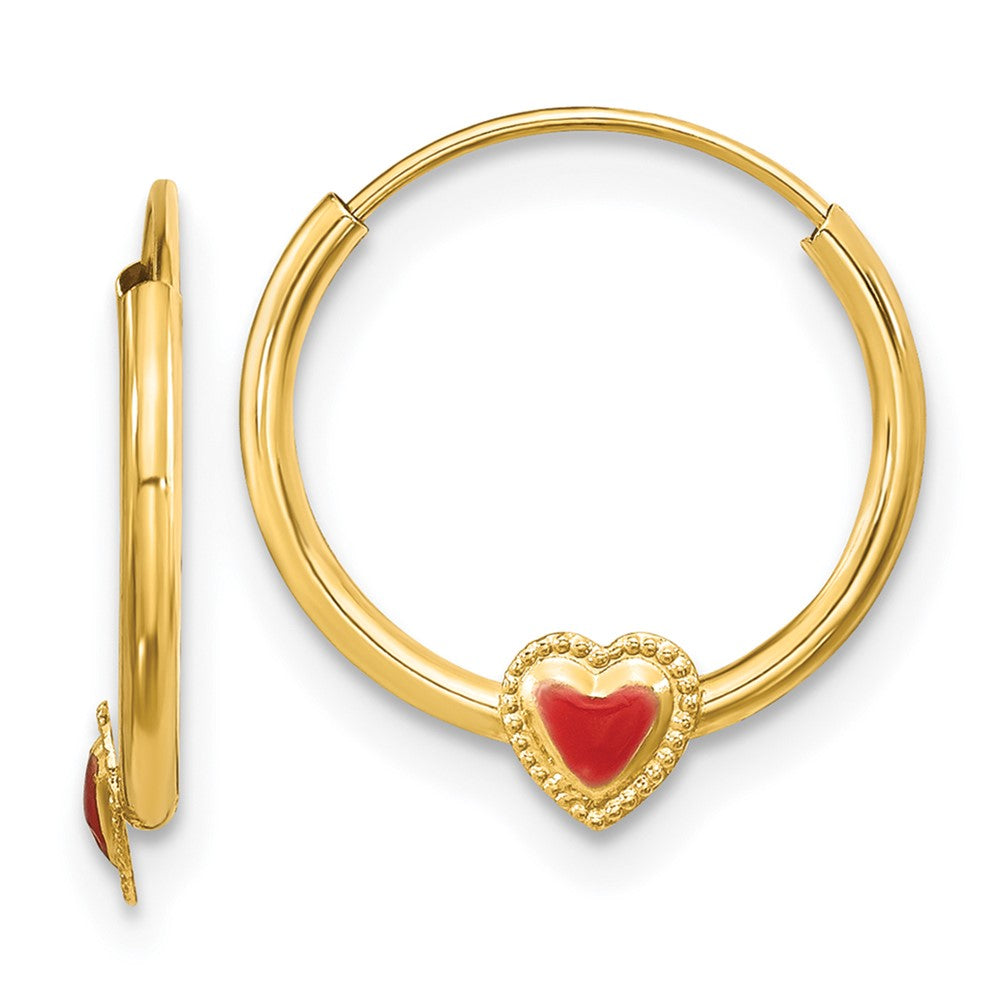14K Yellow Gold Polished Red Enameled Heart Hoops - Product Photo