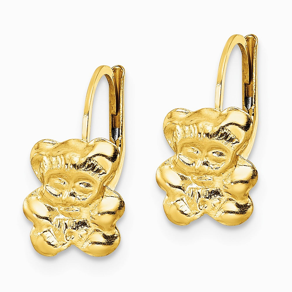 14K Yellow Gold Polished Teddy Bear Leverback Earrings - Product Photo