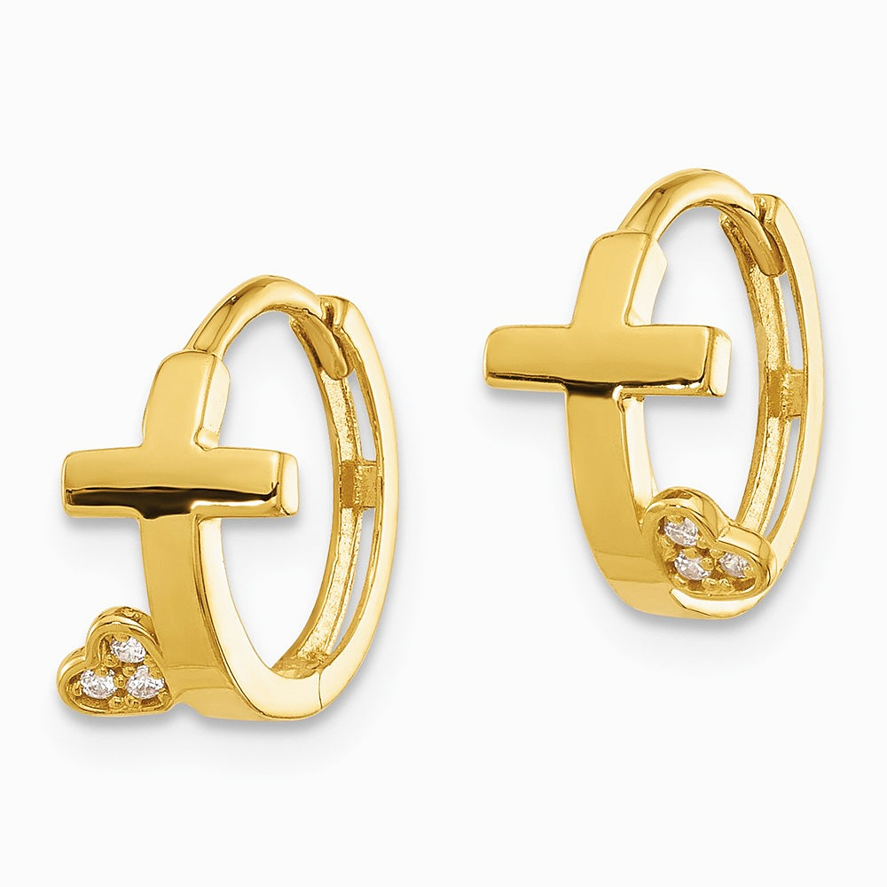 14K Yellow Gold Polished Cross with CZ Heart Hinged Huggie Hoop Earrings - Product Photo