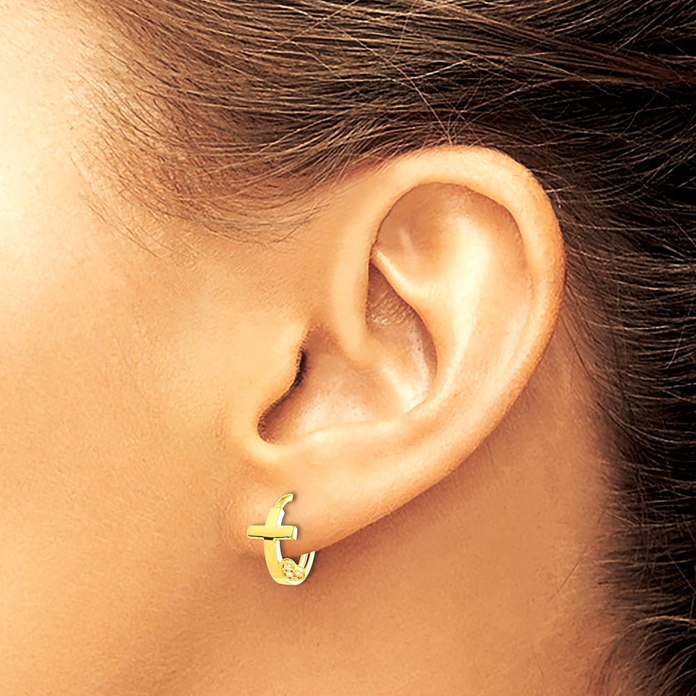 14K Yellow Gold Polished Cross with CZ Heart Hinged Huggie Hoop Earrings - Product Photo