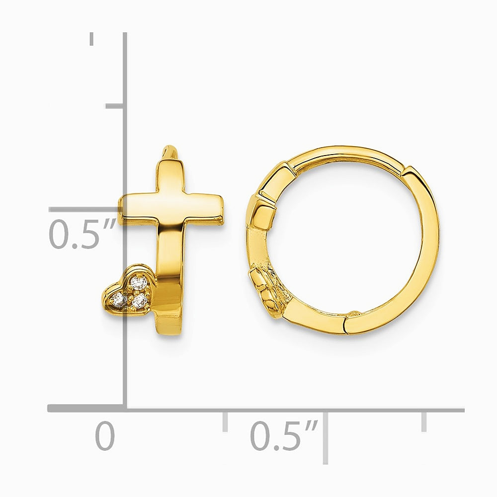 14K Yellow Gold Polished Cross with CZ Heart Hinged Huggie Hoop Earrings - Product Photo