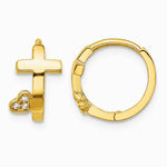 14K Yellow Gold Polished Cross with CZ Heart Hinged Huggie Hoop Earrings - Product Photo