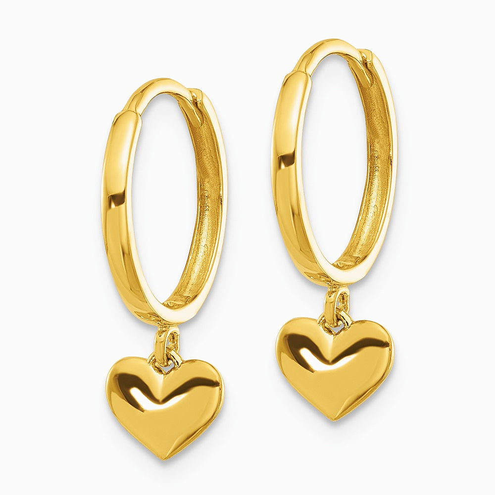14K Yellow Gold Polished Heart Dangle Huggie Hoop Earrings - Product Photo