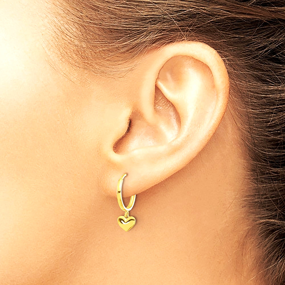14K Yellow Gold Polished Heart Dangle Huggie Hoop Earrings - Product Photo