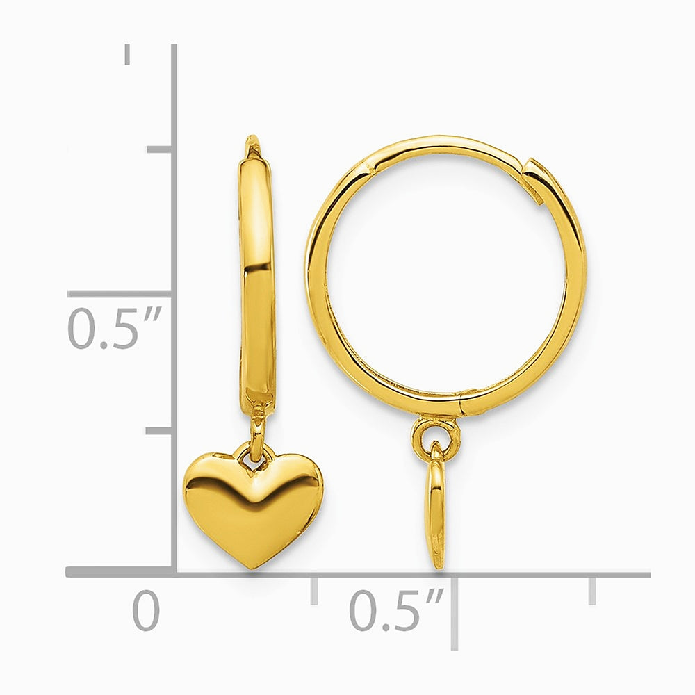 14K Yellow Gold Polished Heart Dangle Huggie Hoop Earrings - Product Photo