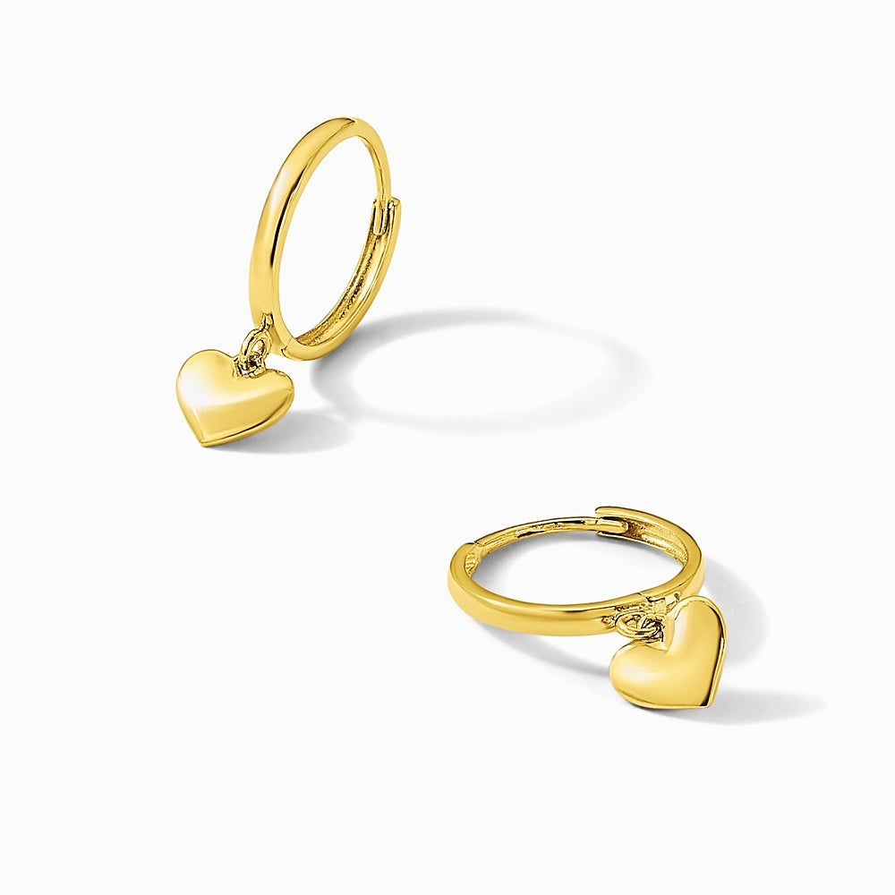 14K Yellow Gold Polished Heart Dangle Huggie Hoop Earrings - Product Photo