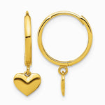 14K Yellow Gold Polished Heart Dangle Huggie Hoop Earrings - Product Photo