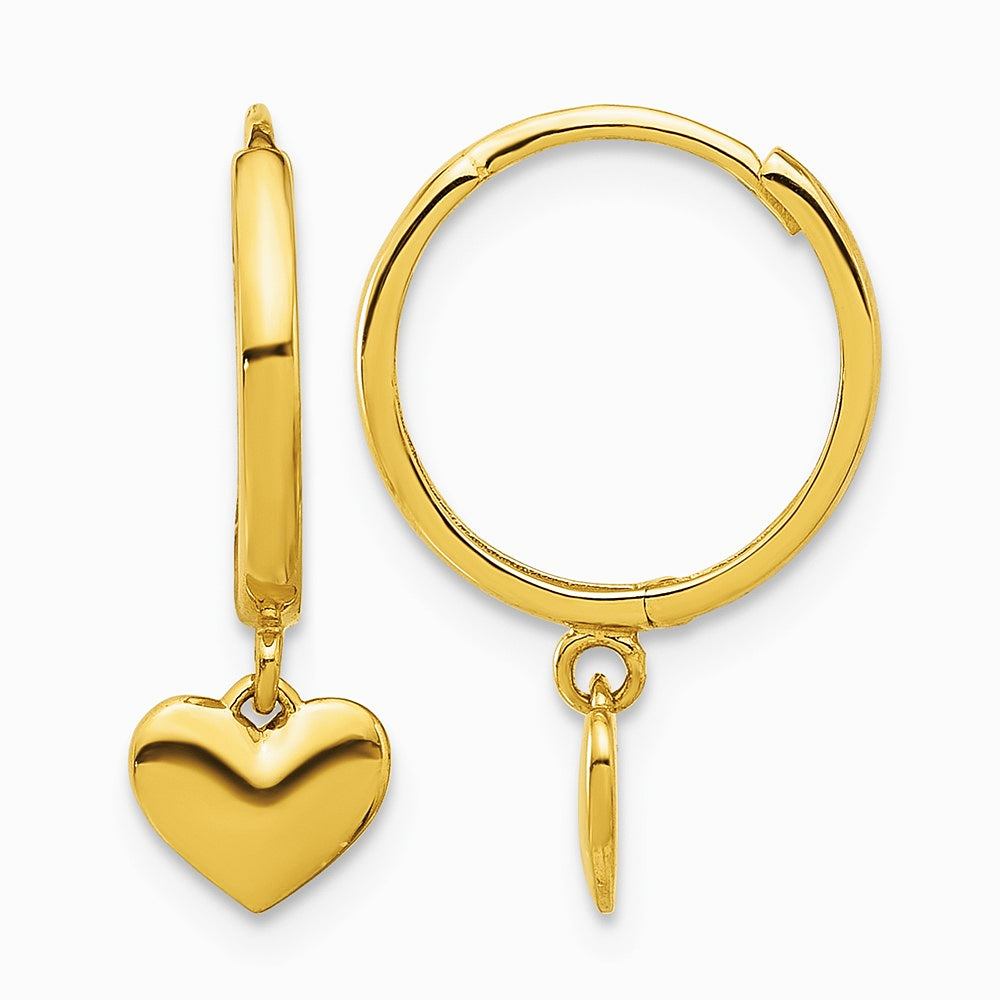 14K Yellow Gold Polished Heart Dangle Huggie Hoop Earrings - Product Photo