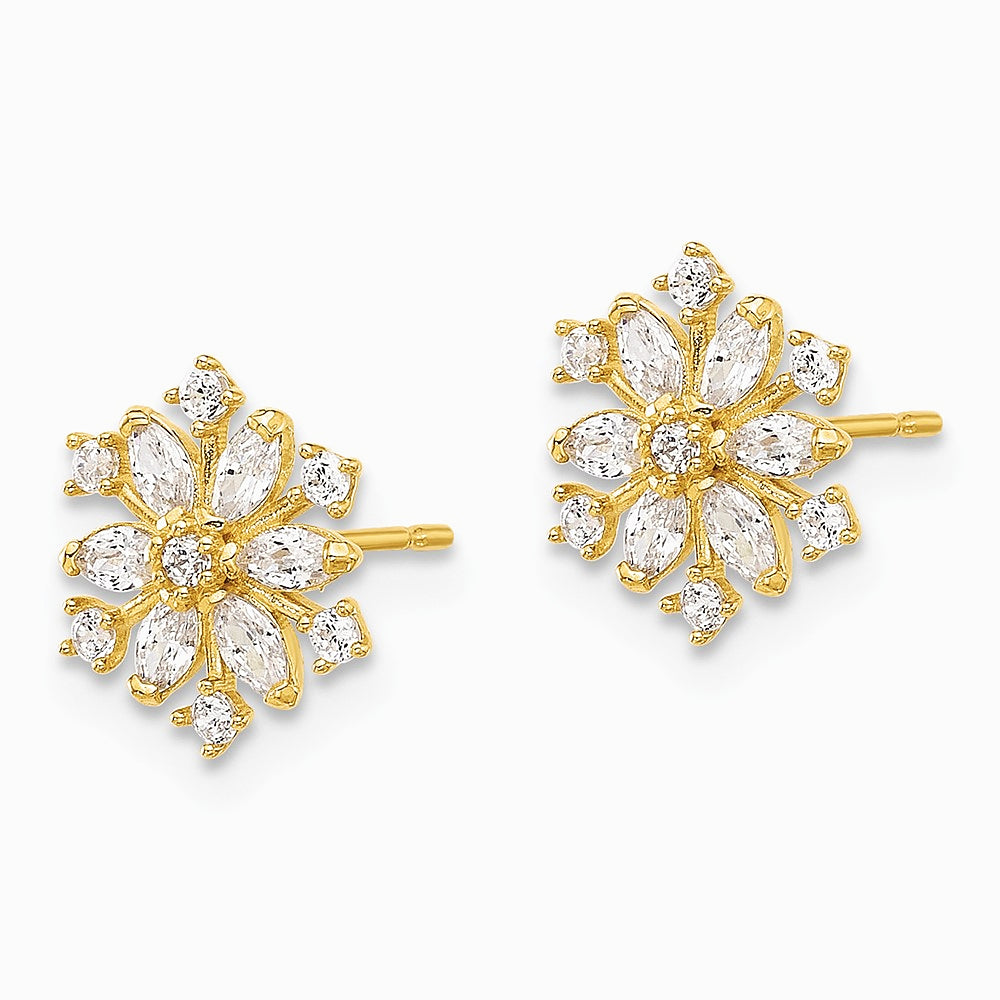 14K Yellow Gold Polished CZ Snowflake Post Earrings - Product Photo