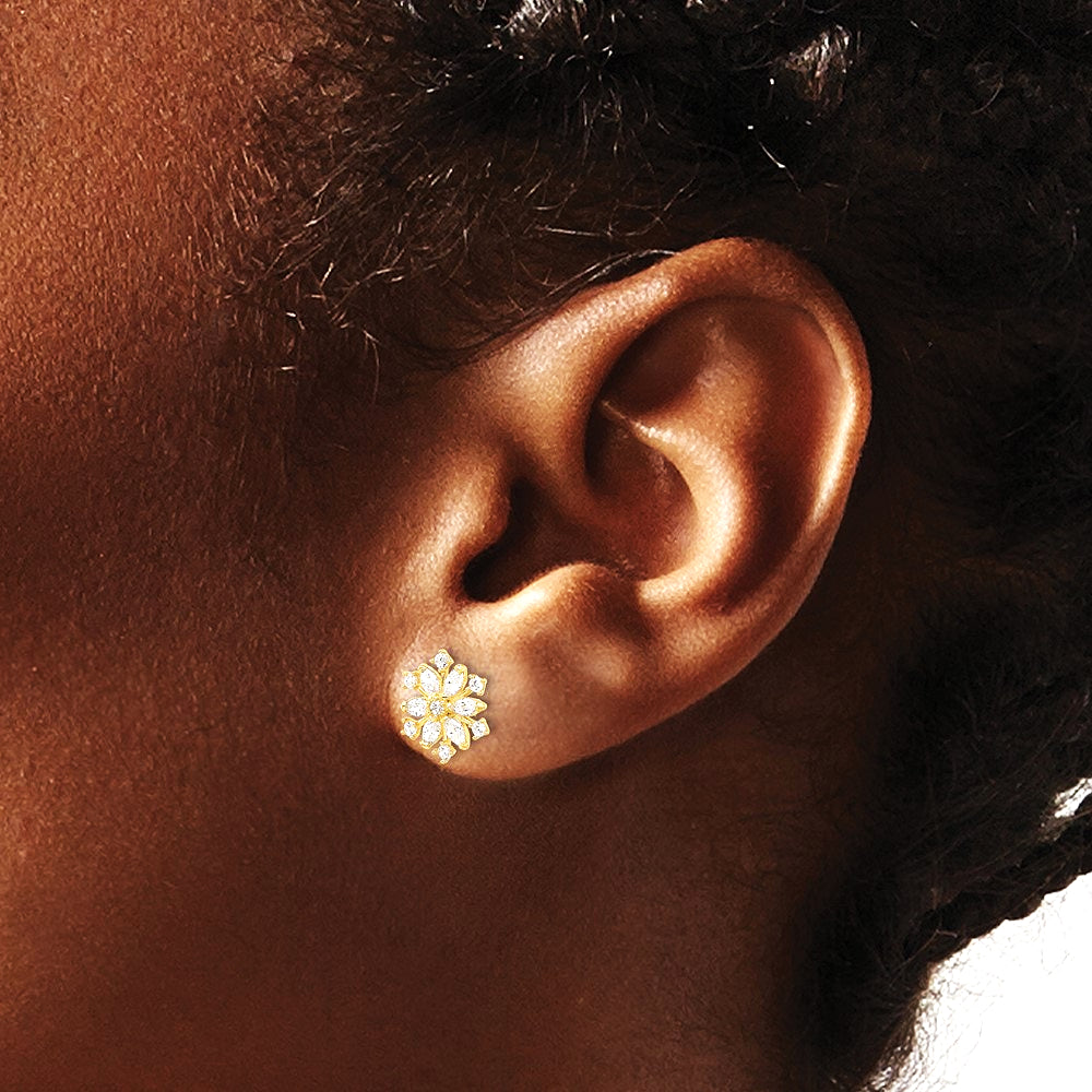 14K Yellow Gold Polished CZ Snowflake Post Earrings - Product Photo