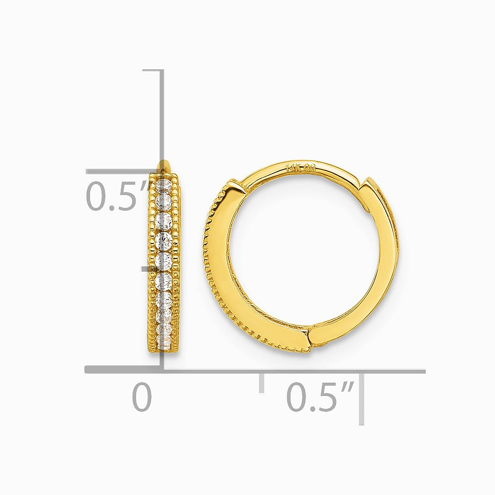 14K Yellow Gold Polished CZ 2mm Hinged Huggie Hoop Earrings - Product Photo