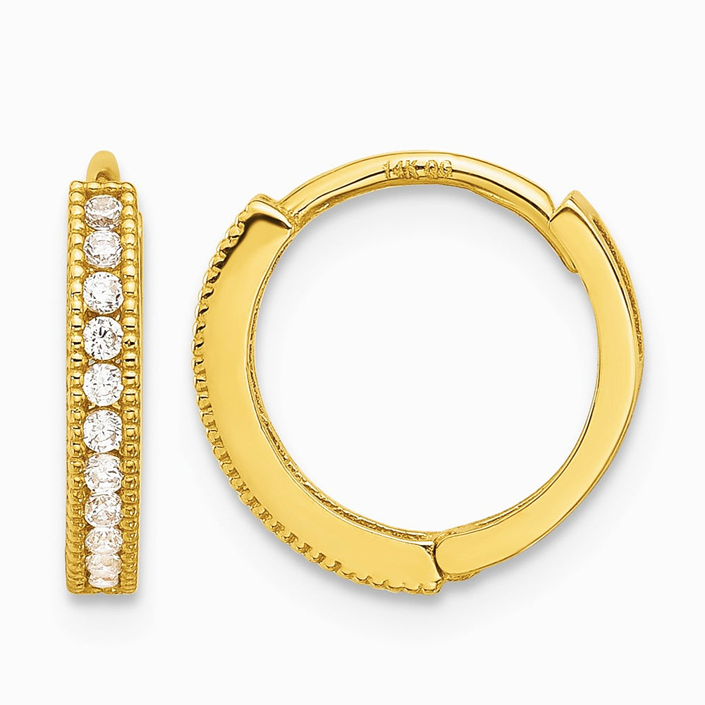 14K Yellow Gold Polished CZ 2mm Hinged Huggie Hoop Earrings - Product Photo