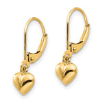 14K Yellow Gold Puffed Polished Heart Drop Leverback Earrings - Product Photo