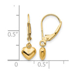 14K Yellow Gold Puffed Polished Heart Drop Leverback Earrings - Product Photo