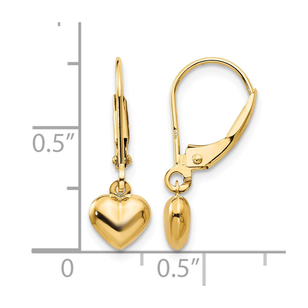 14K Yellow Gold Puffed Polished Heart Drop Leverback Earrings - Product Photo