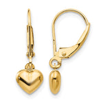 14K Yellow Gold Puffed Polished Heart Drop Leverback Earrings - Product Photo