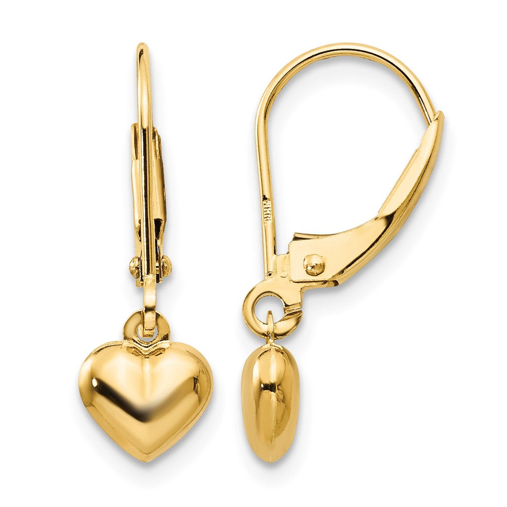 14K Yellow Gold Puffed Polished Heart Drop Leverback Earrings - Product Photo