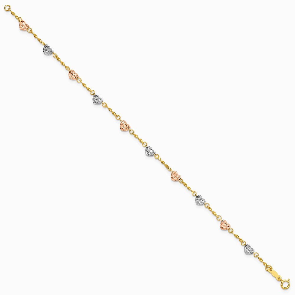 14K Tri-color Puff Heart Bracelet - Product Photo