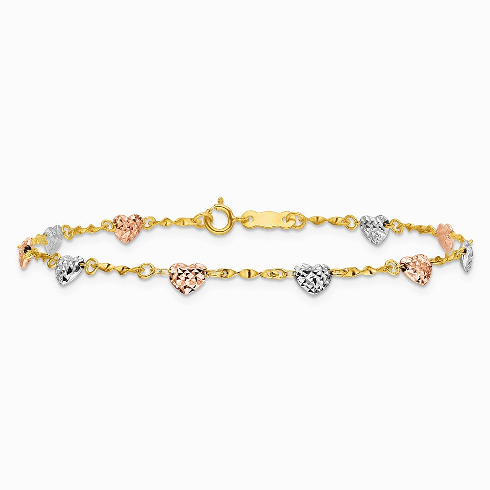 14K Tri-color Puff Heart Bracelet - Product Photo
