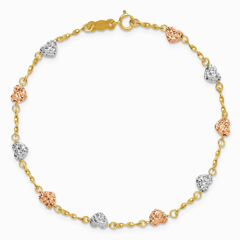 14K Tri-color Puff Heart Bracelet - Product Photo