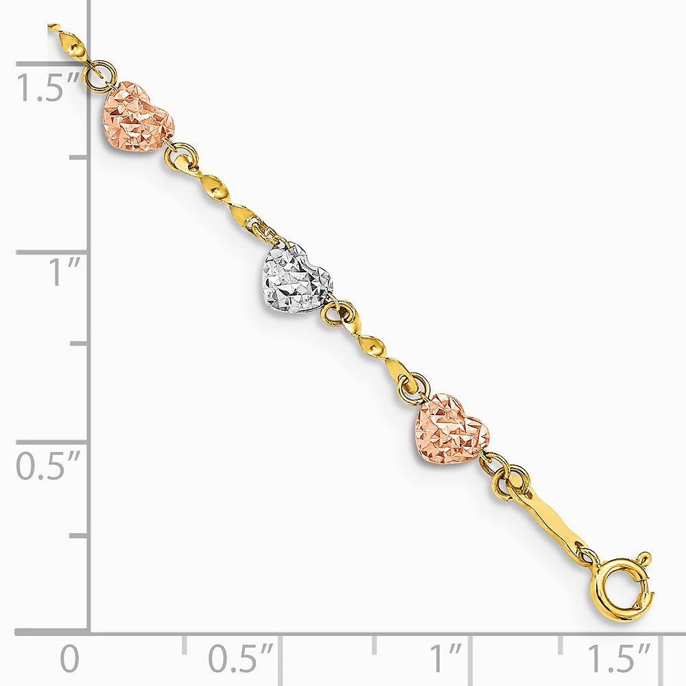 14K Tri-color Puff Heart Bracelet - Product Photo